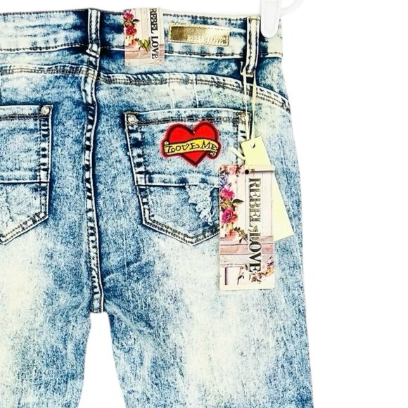Rebel Love Women Distressed Patch Acid Wash Blue Skinny Stretch Jeans 13/14 NWT - Picture 6 of 12